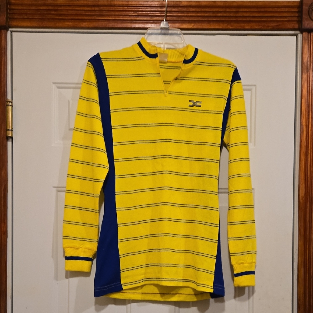 Vintage DECCA  1970s Sweater Bicycle Cycling Jersey Yelo w Blue Size Small